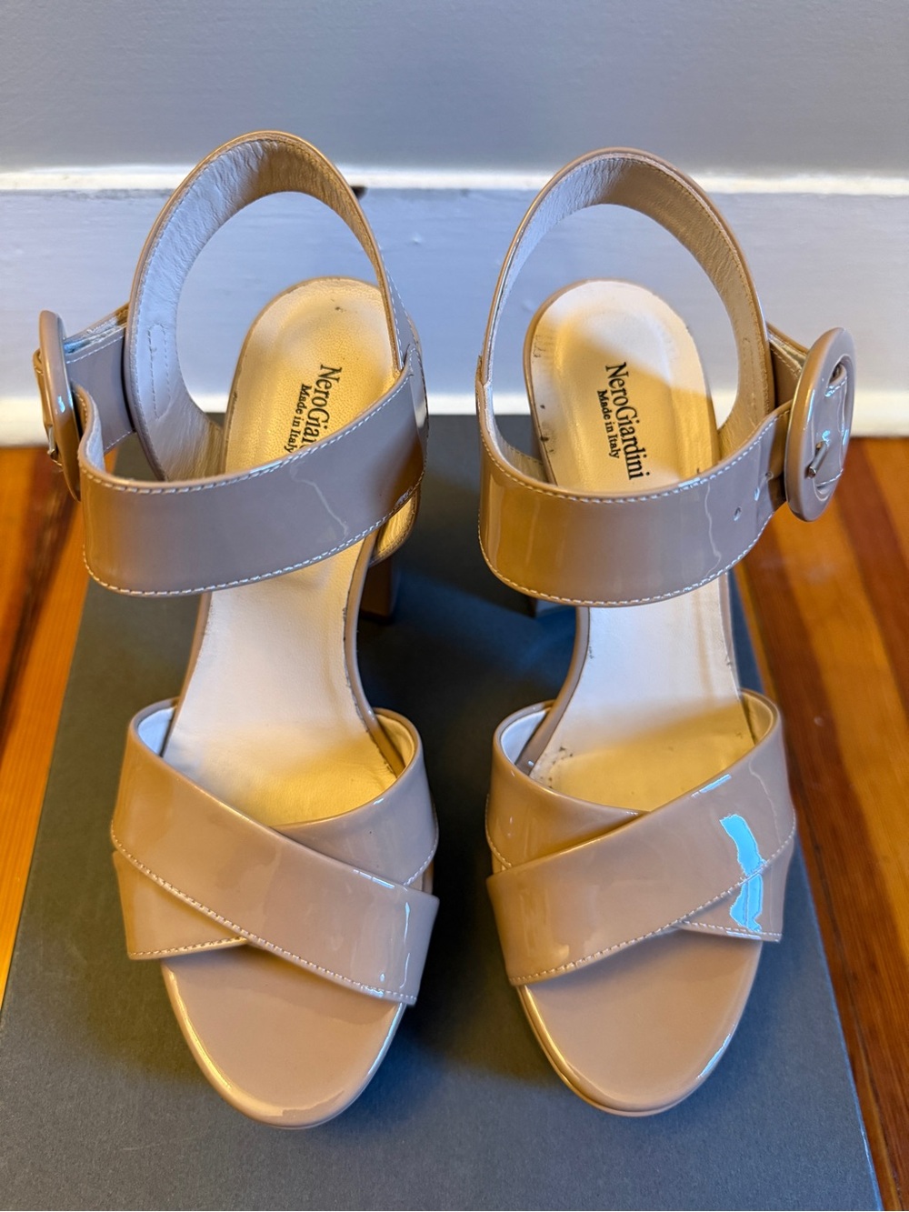 Nero Giardini Beige Patent Leather Cross-Strap Slingback Heels